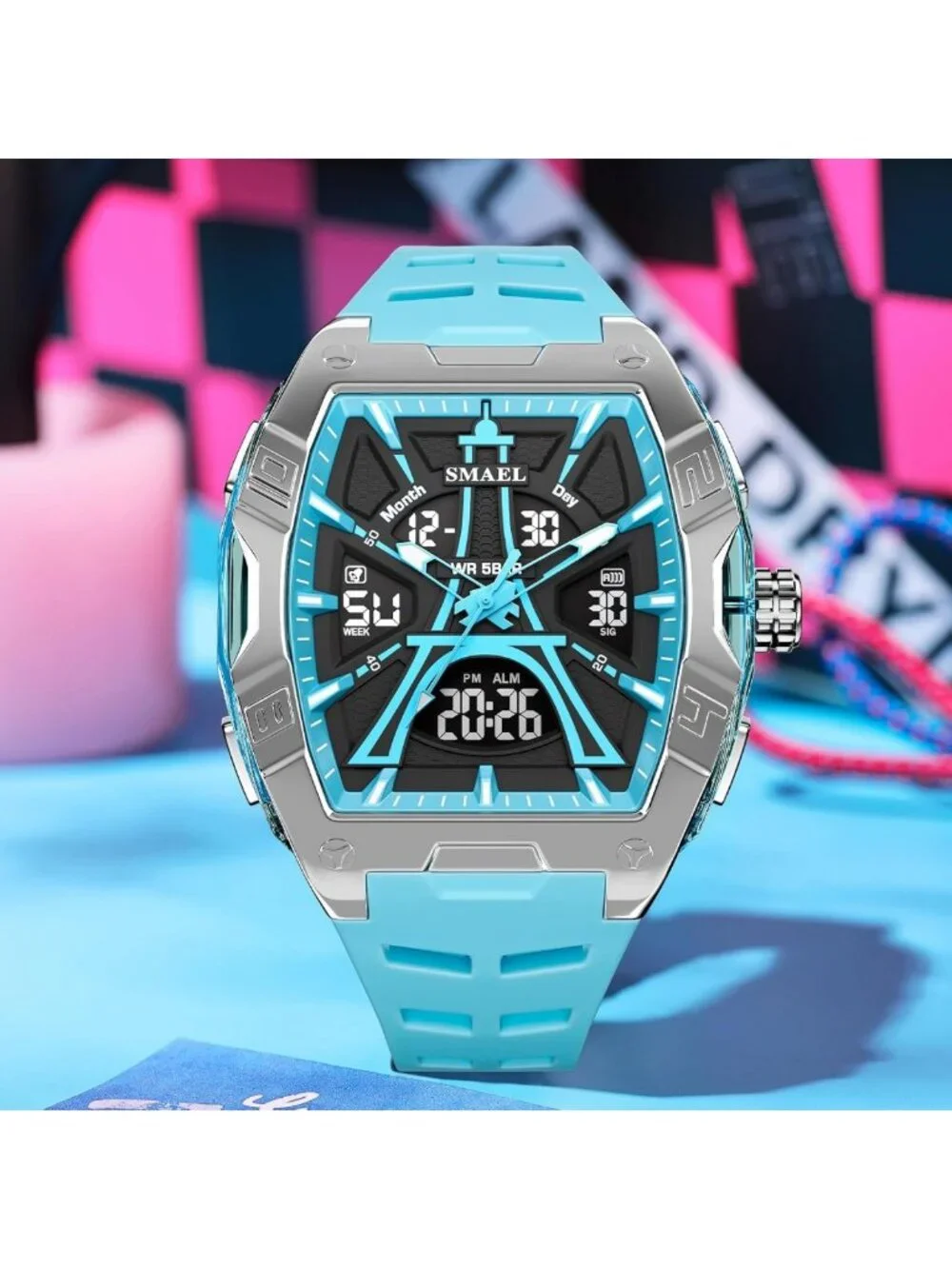 Stylish Waterproof Sports Watch for Men - Dual Display, LED Light, Stopwatch, 6